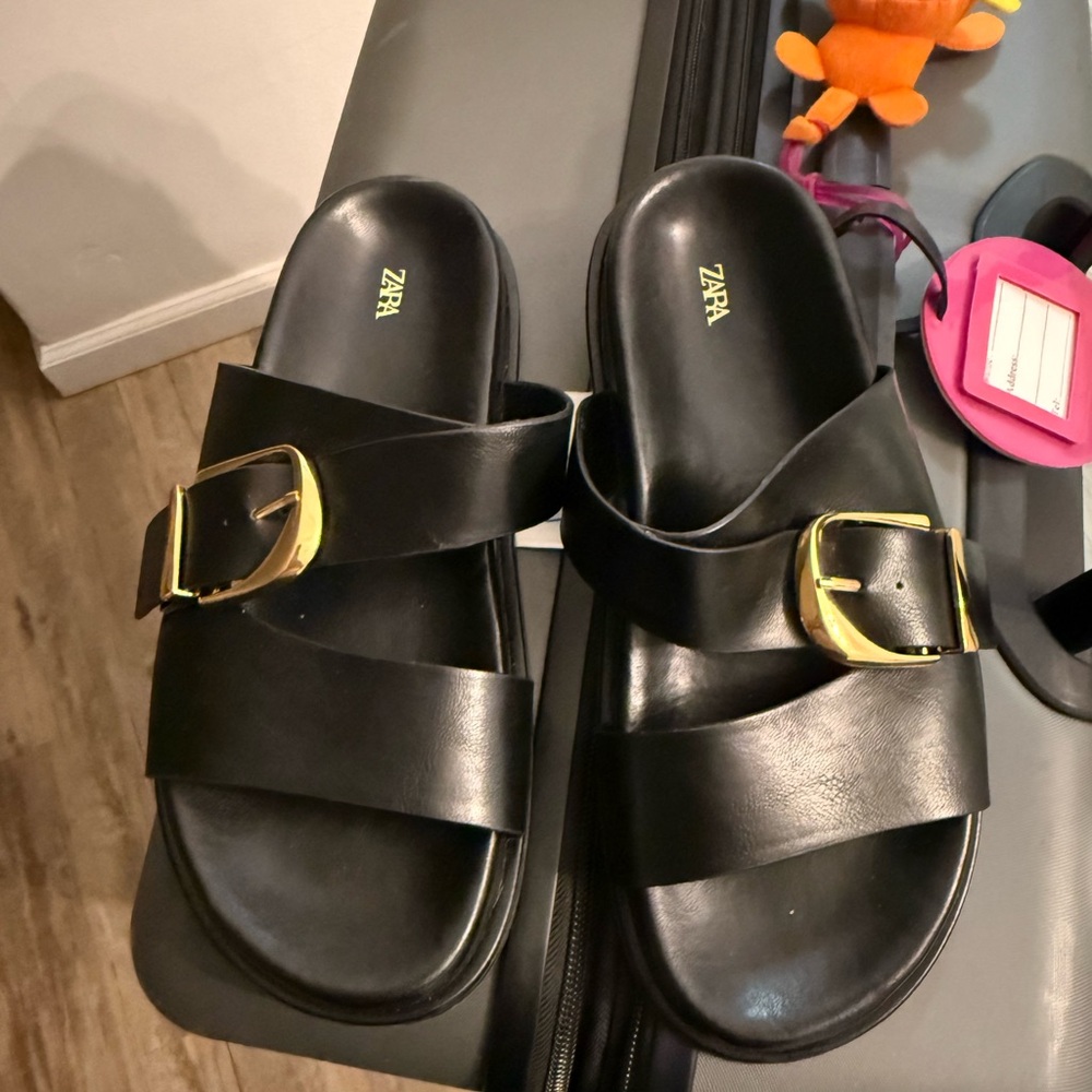 Zara Black Slides with Gold Accents